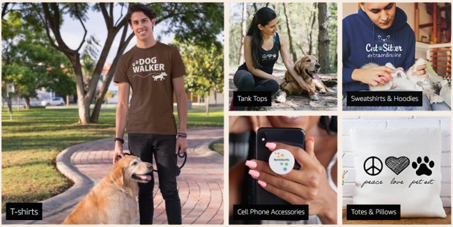 The picture features a collage of various t-shirts, hoodies, a bag and pop socket available through Pet Sitters International's store on Amazon.