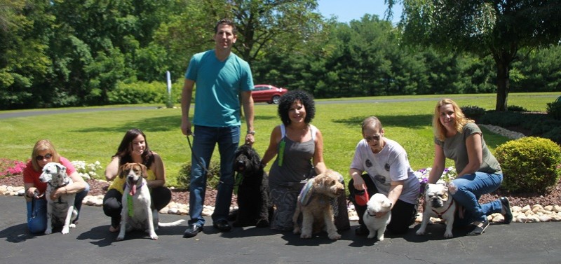 Six employees stand or kneel outside for a photo with their dogs on Take Your Dog To Work Day.