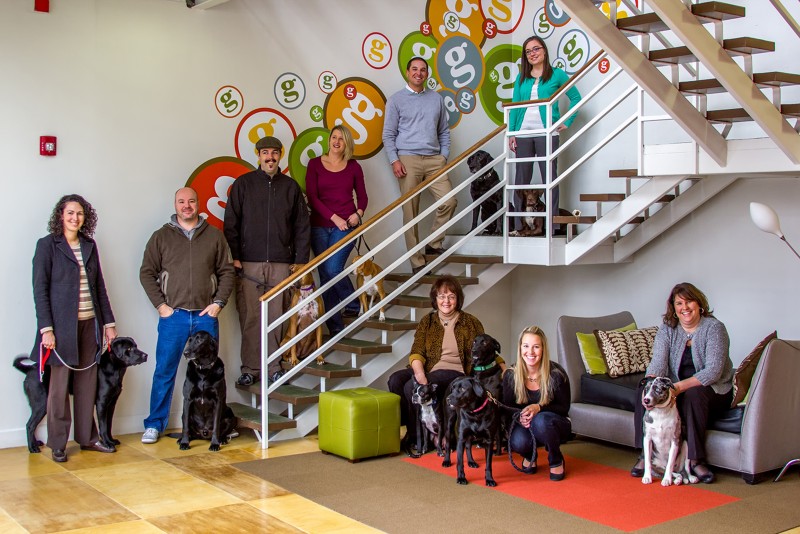 Co-workers sit on couches and stand on stairs to pose for a photo with their dogs in the office.