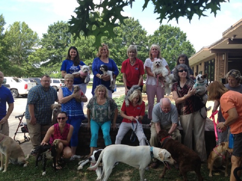 Several coworkers stand outside a building posing for a photo with their dogs.