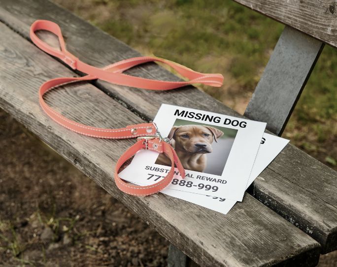Escaped pet protocols Missing dog posters and a leash on bench