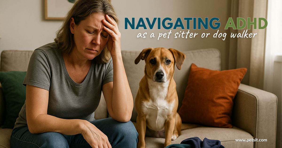 Middle-age woman dressed casually sits on couch beside her dog. She has her hand on head and is visibly stressed out. A pile of laundry is nearby on the floor.
