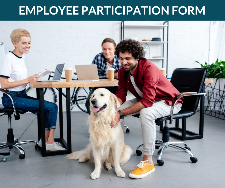 Co-workers sit at a conference table while one of them pets a dog.