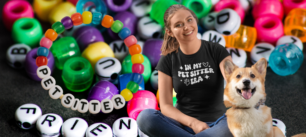 Features a multicolor friendship bracelet with bead letters spelling PET SITTER with a pet sitter holding a dog in a black t-shirt.
