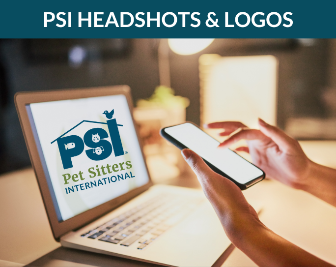 A pet sitter scrolls on a phone and a laptop in the background displays the PSI logo.