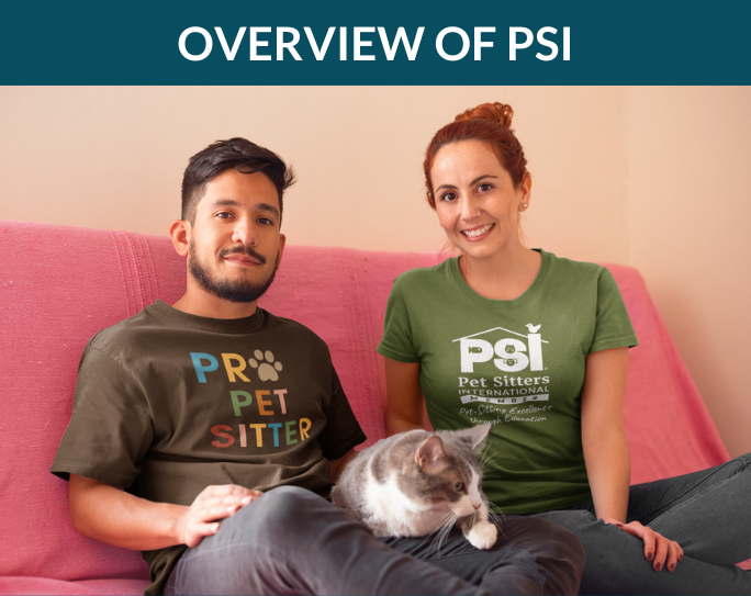 Two pet sitters wearing pet sitter shirts sit on a couch with a cat.